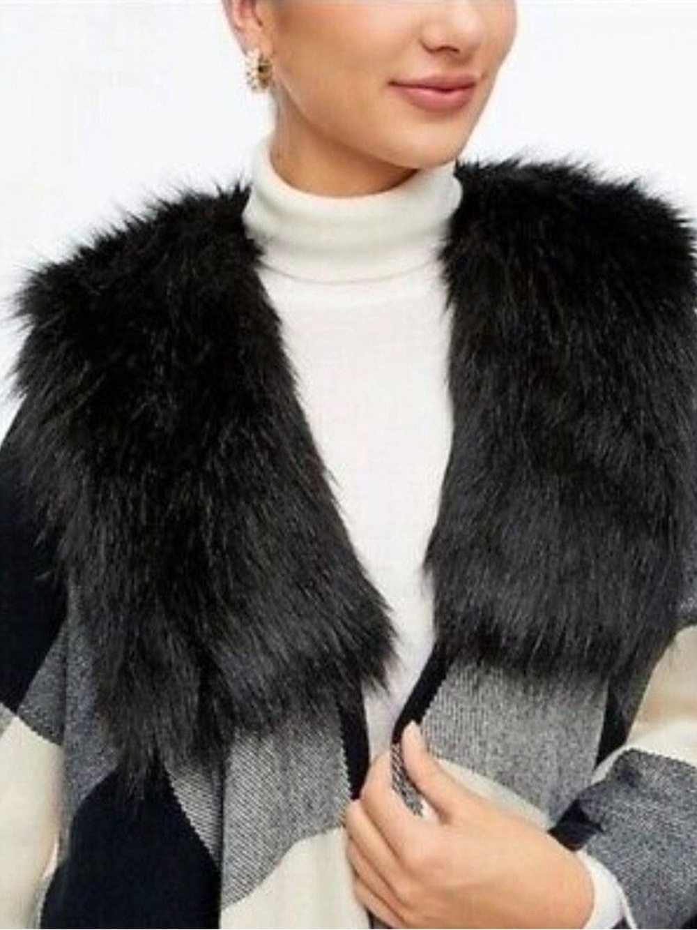 J. Crew Black and Gray Plaid Faux-Fur Collar Poncho - Picture 2 of 8